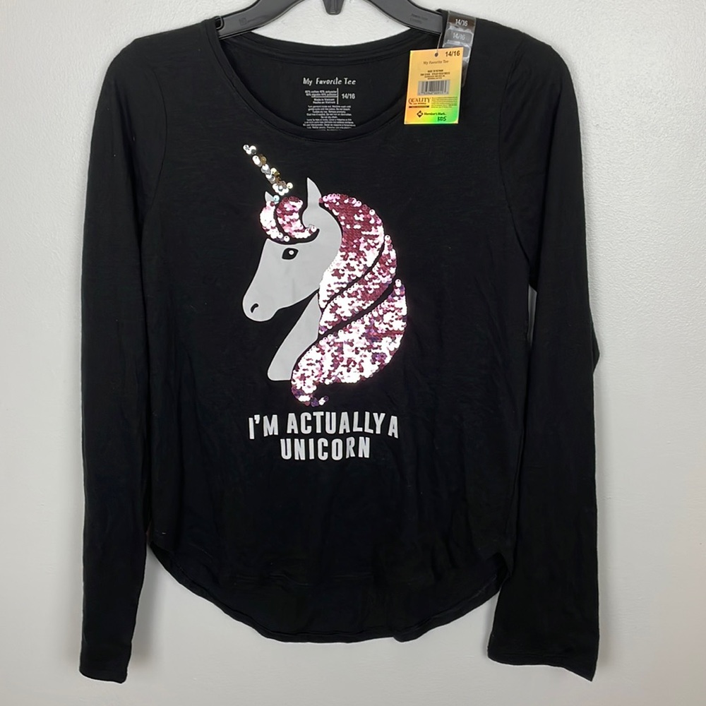 New Super Cute Multicolor Sequin Unicorn "I’m Actually A Unicorn" Girls Tee14/16
